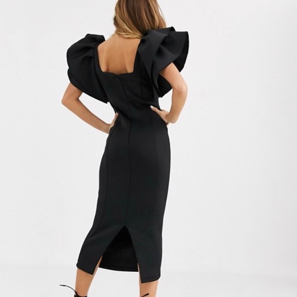 ruffle sleeve square neck scuba midi dress - Picture 5 of 5